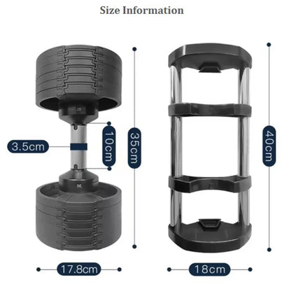 Black dumbbell with measurement details on a white background