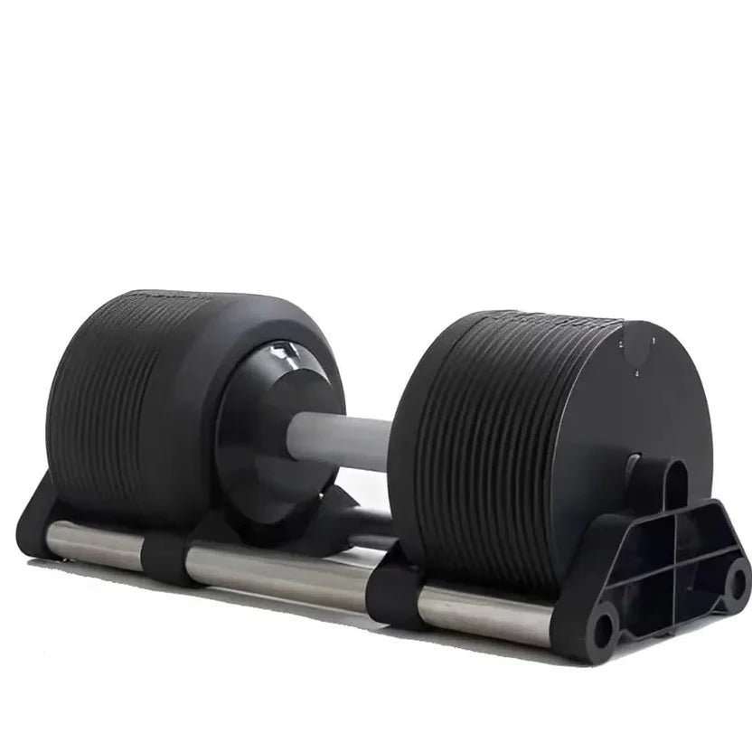 Pair of adjustable dumbbells on a white background