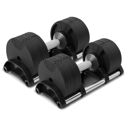 Pair of adjustable dumbbells on a white background