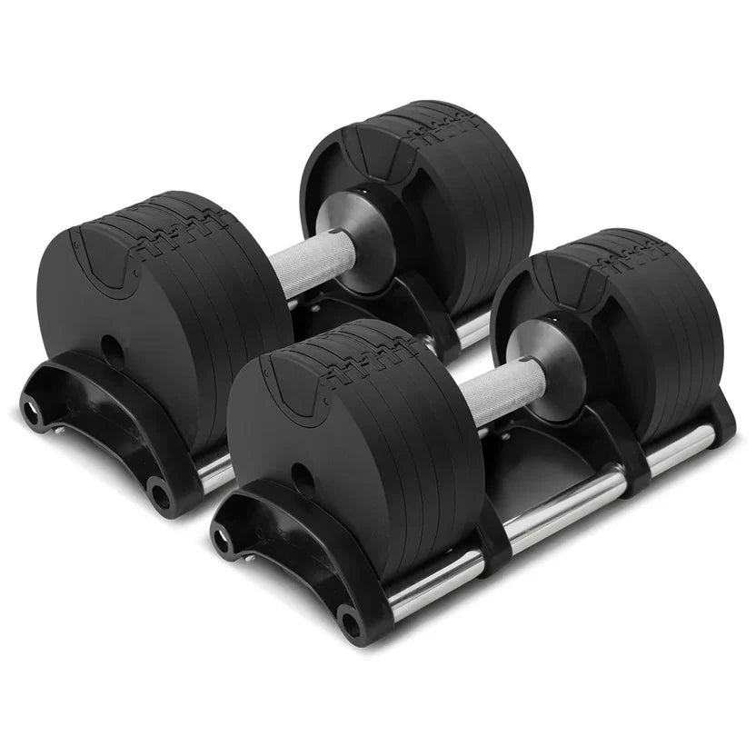 Pair of adjustable dumbbells on a white background