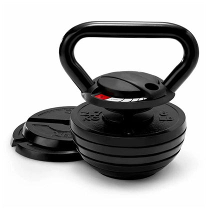 Black cast iron kettlebell with weight markings on a white background