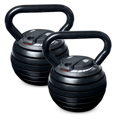 Two black kettlebells on a white background