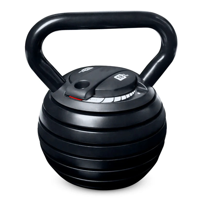 Black adjustable kettlebell on a white background