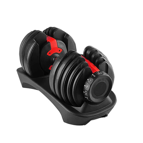 Pair of adjustable dumbbells with a black stand on a white background
