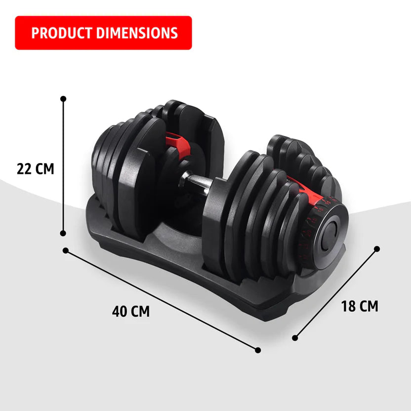 Pair of adjustable dumbbells with dimensions labeled on a white background