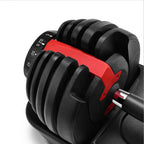 Black and red adjustable dumbbell on a white background