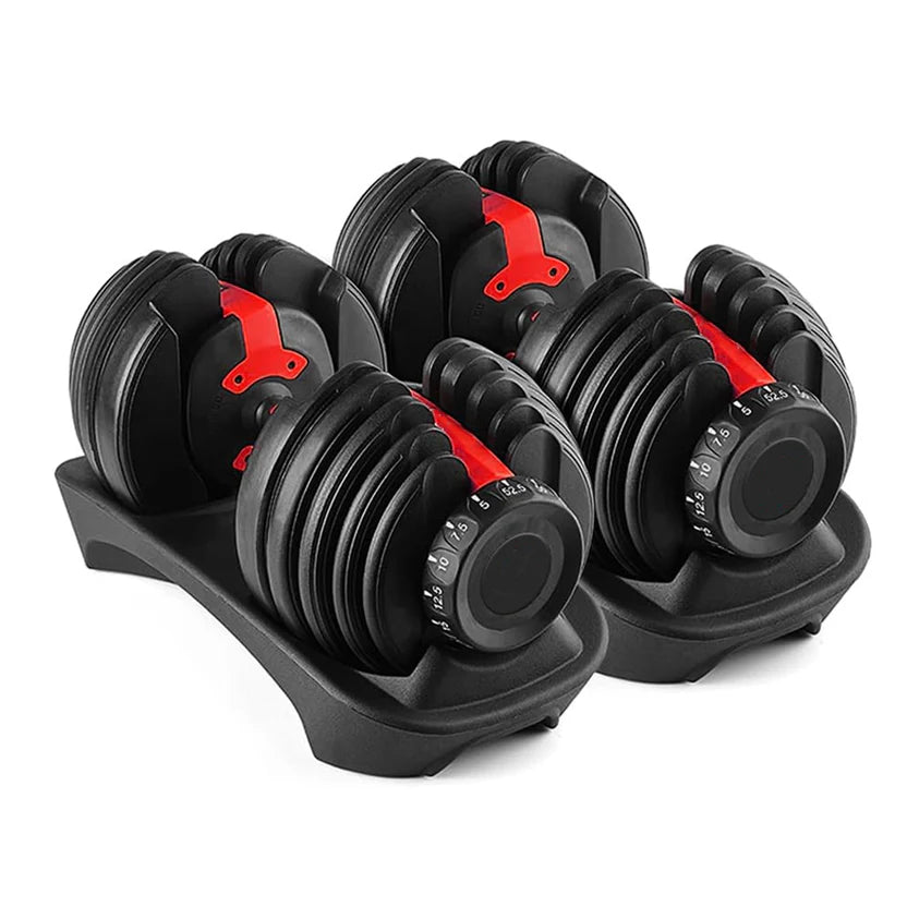 Set of adjustable dumbbells with a black stand on a white background