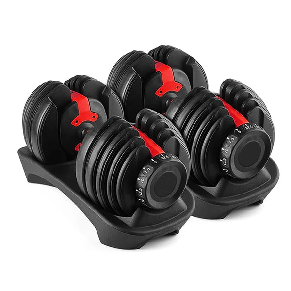 Set of adjustable dumbbells with a black stand on a white background