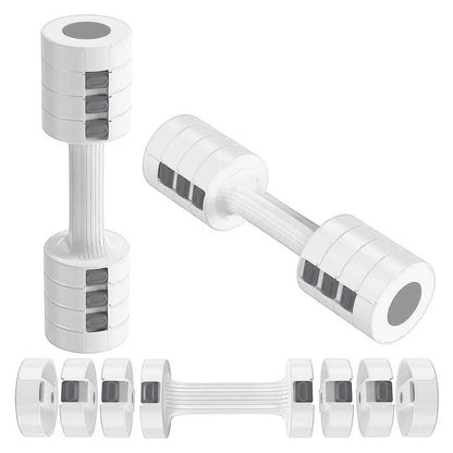 Set of adjustable dumbbells on a white background