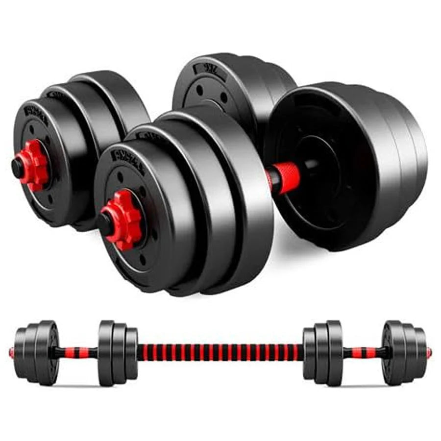 Set of adjustable dumbbells with red accents on a white background
