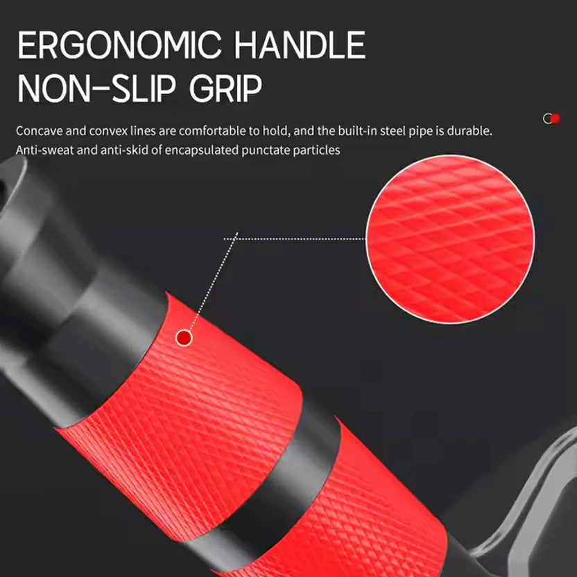 Red and black ergonomic handle with non-slip grip on a dark background