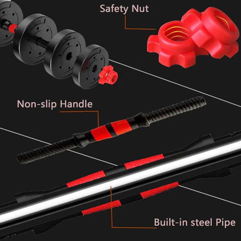 Fitness equipment components including safety nut, non-slip handle, and built-in steel pipe on a black background.