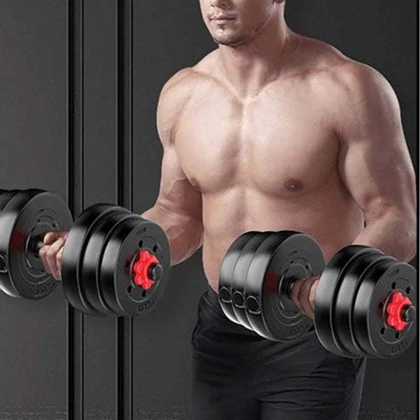 Man lifting adjustable dumbbells against a dark background