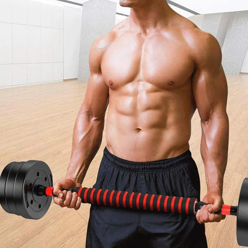 Muscular man lifting a red and black barbell in a gym setting