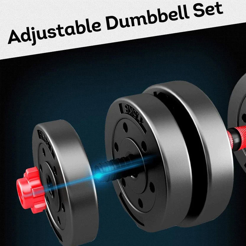 Adjustable dumbbell set with one dumbbell showing a red adjustment knob on a dark background.