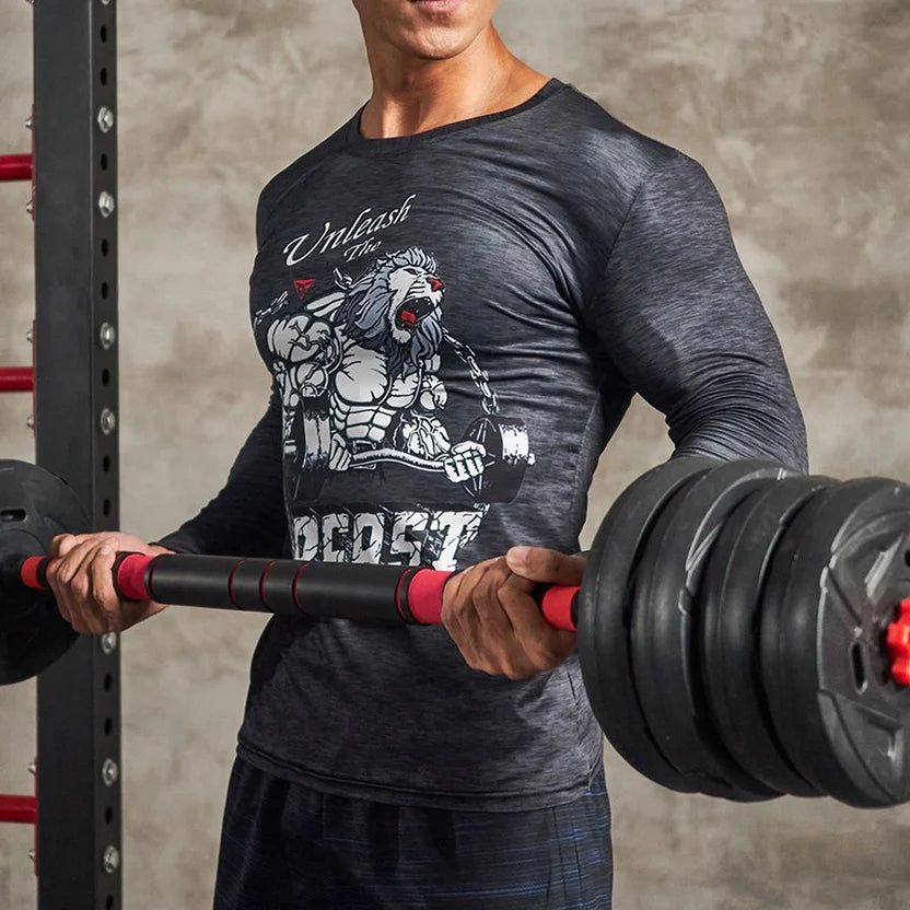 Person lifting a barbell with a graphic t-shirt featuring a lion design.