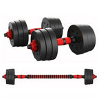 Pair of black and red adjustable dumbbells on a white background