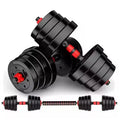 Pair of adjustable dumbbells with red accents on a white background