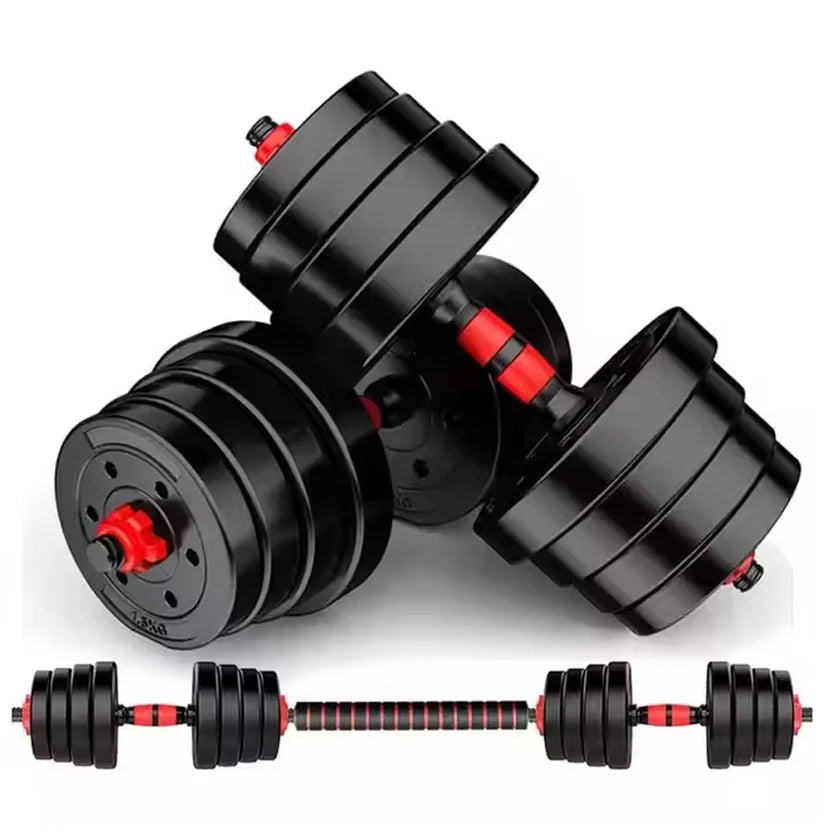 Pair of adjustable dumbbells with red accents on a white background