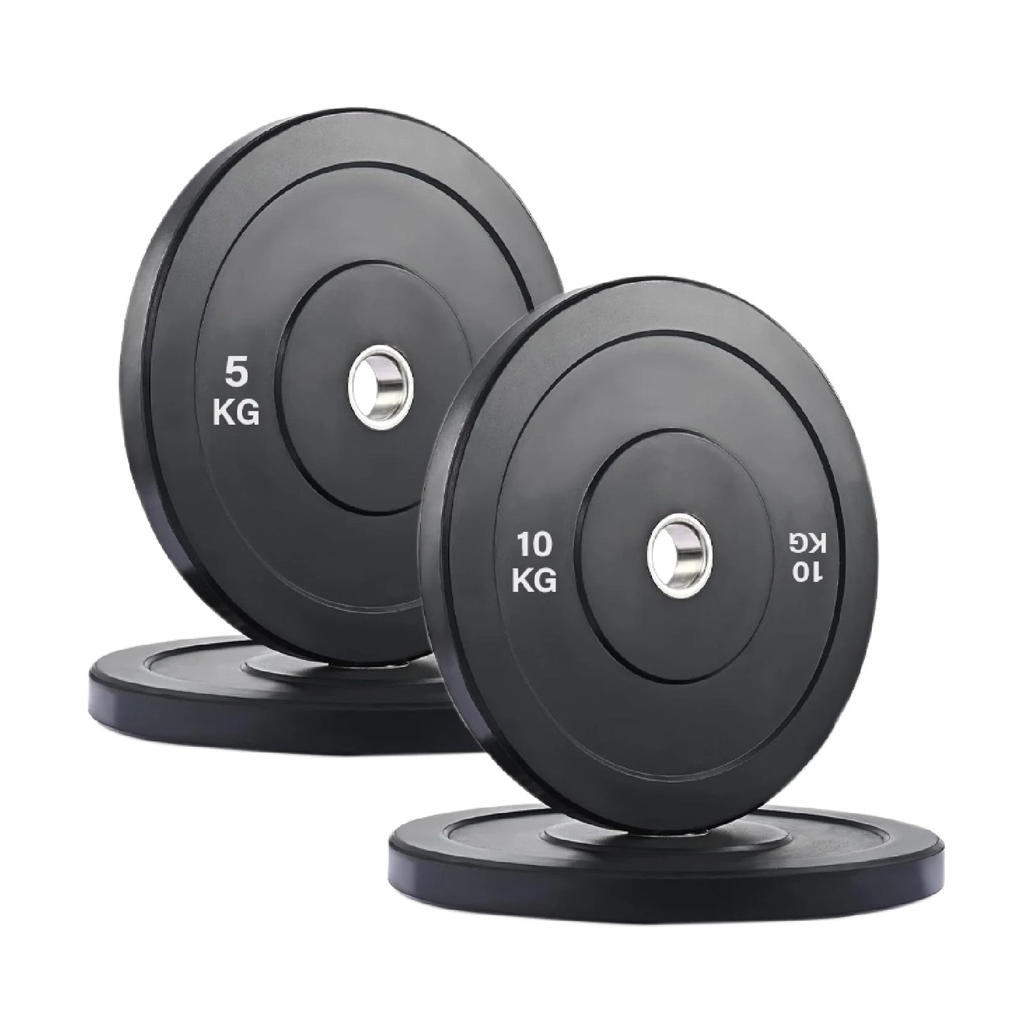 Two black weight plates with 5 kg and 10 kg markings on a white background