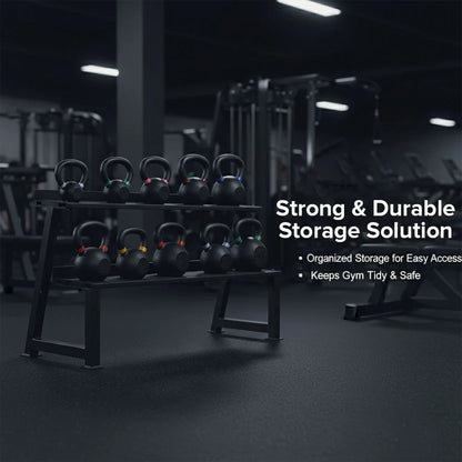 Kettlebell storage rack in a gym with text highlighting features