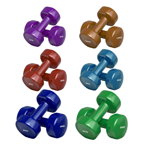 Set of colorful dumbbells on a white background