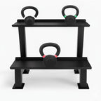 Black weight rack with three kettlebells on a white background