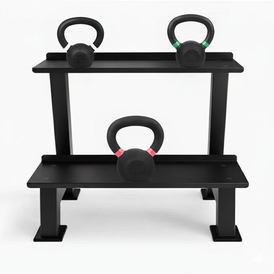 Black weight rack with three kettlebells on a white background