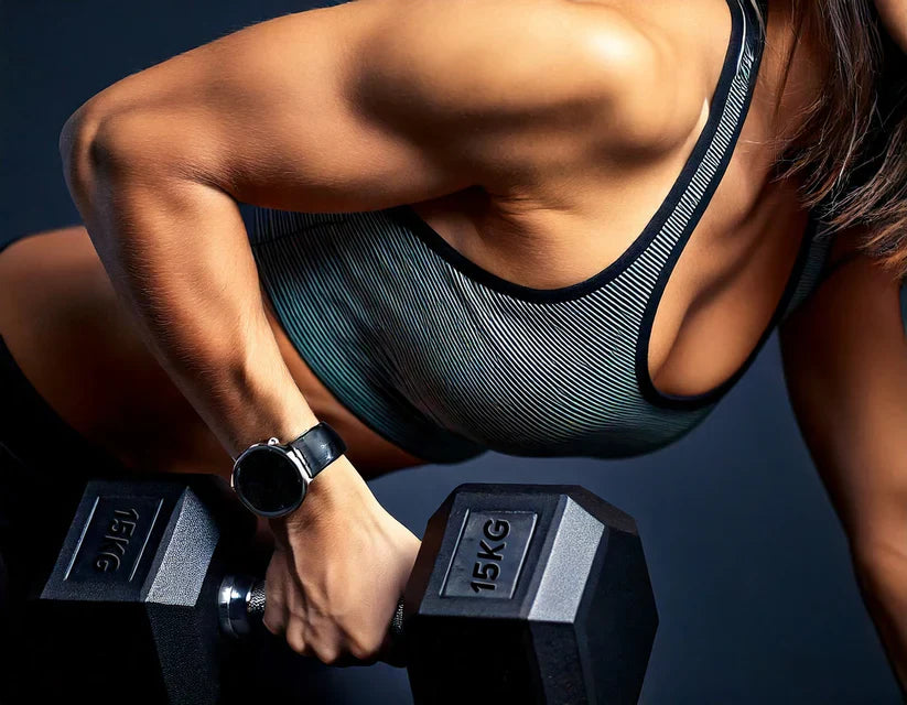 Person holding dumbbells with a dark background