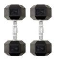 Pair of black hexagonal dumbbells with '20kg' marking on a white background