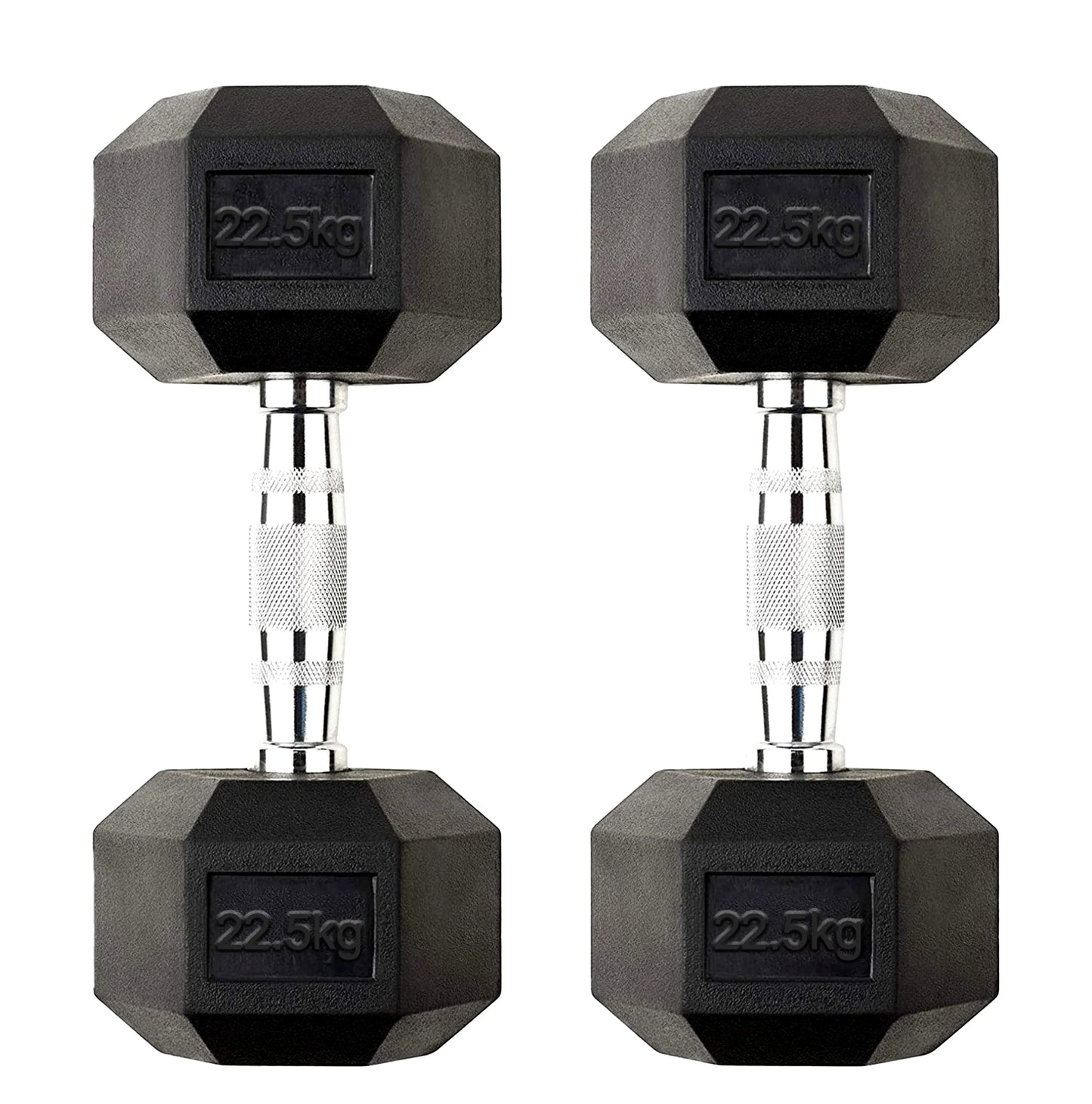 Pair of 22.5kg hexagonal dumbbells on a white background