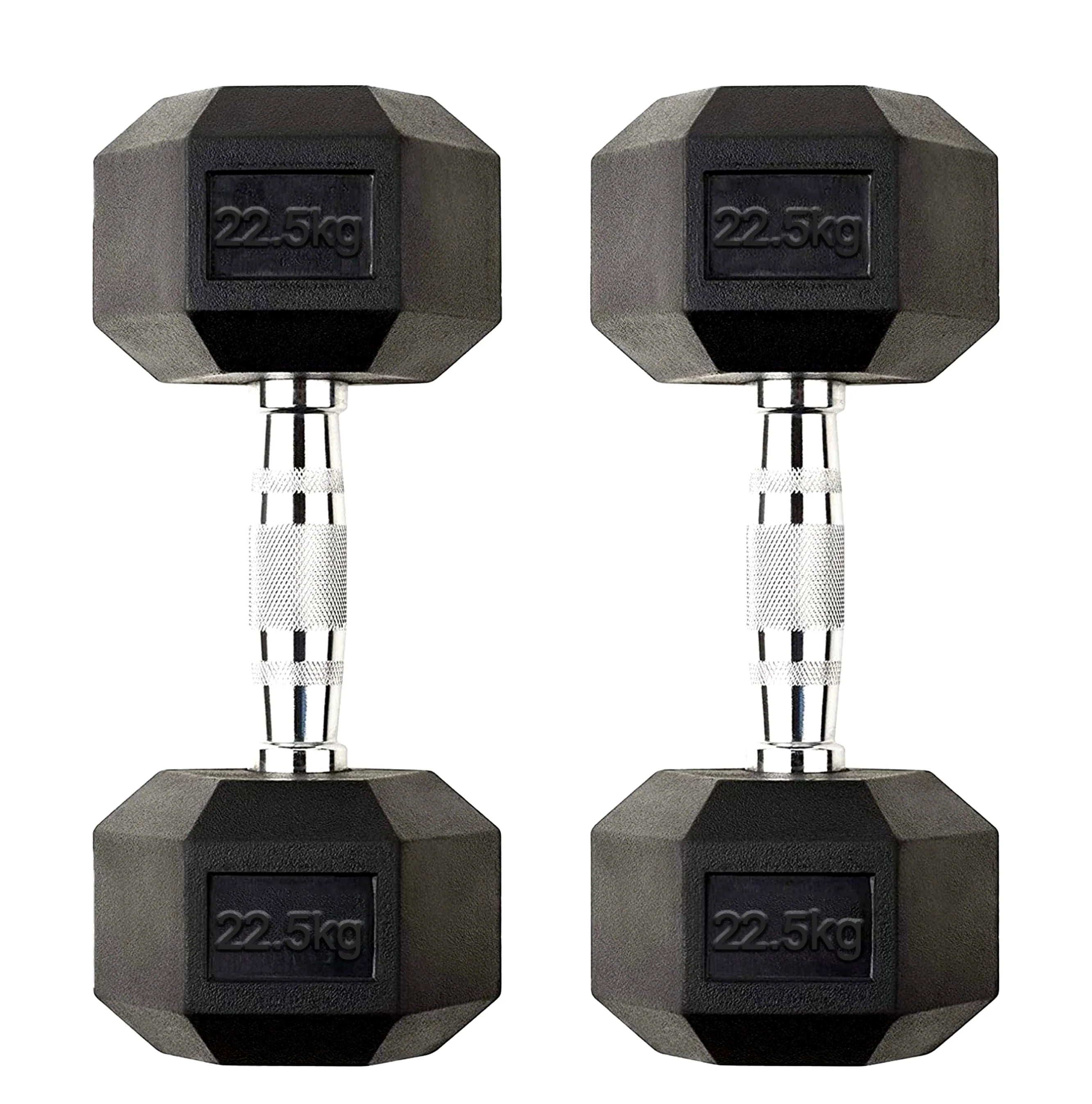 Pair of 22.5kg hexagonal dumbbells on a white background
