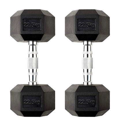 Pair of 22.5kg hexagonal dumbbells on a white background