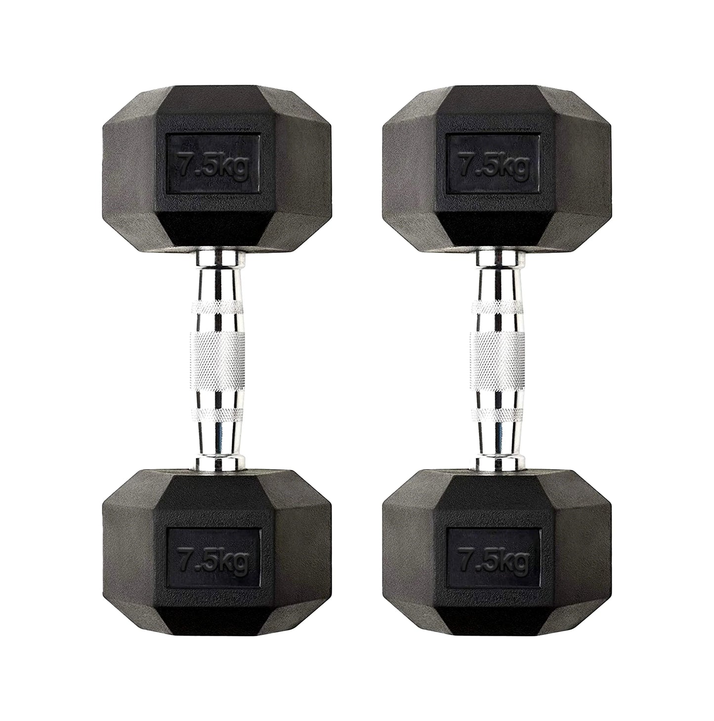 Pair of 7.5kg hexagonal dumbbells on a white background