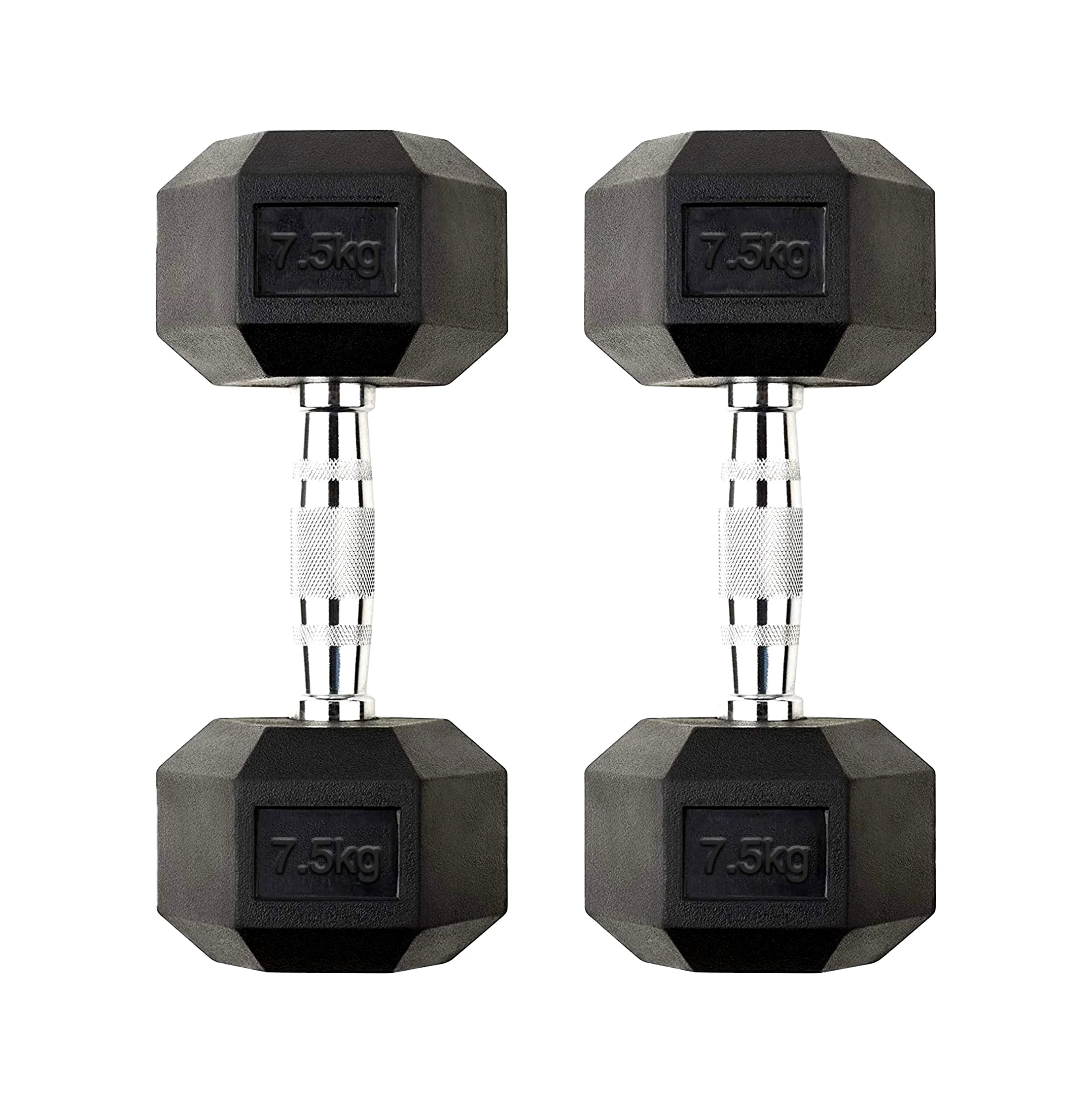 Pair of 7.5kg hexagonal dumbbells on a white background