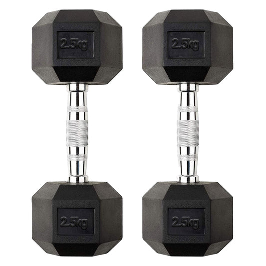 2.5kg Rubber Hex Dumbbells with Metal Handles – Anti-Roll Compact Weights for Strength Training, Muscle Toning & Home Gym Workouts