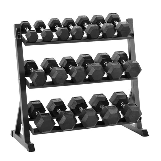 Premium Hex Dumbbells with 3-Layer Rack, 2.5kg–30kg Rubber-Coated Anti-Roll Weights with Chrome Knurled Handles for Home & Gym Strength Training