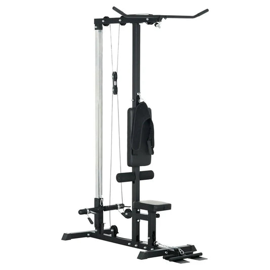 Black cable machine gym equipment on a white background