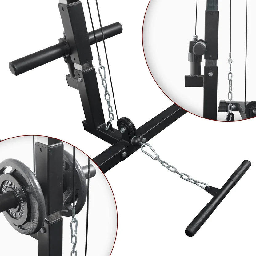 Black gym machine with chain and pulley system on a white background
