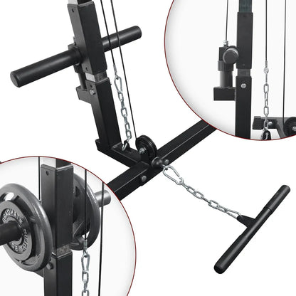 Black gym machine with chain and pulley system on a white background
