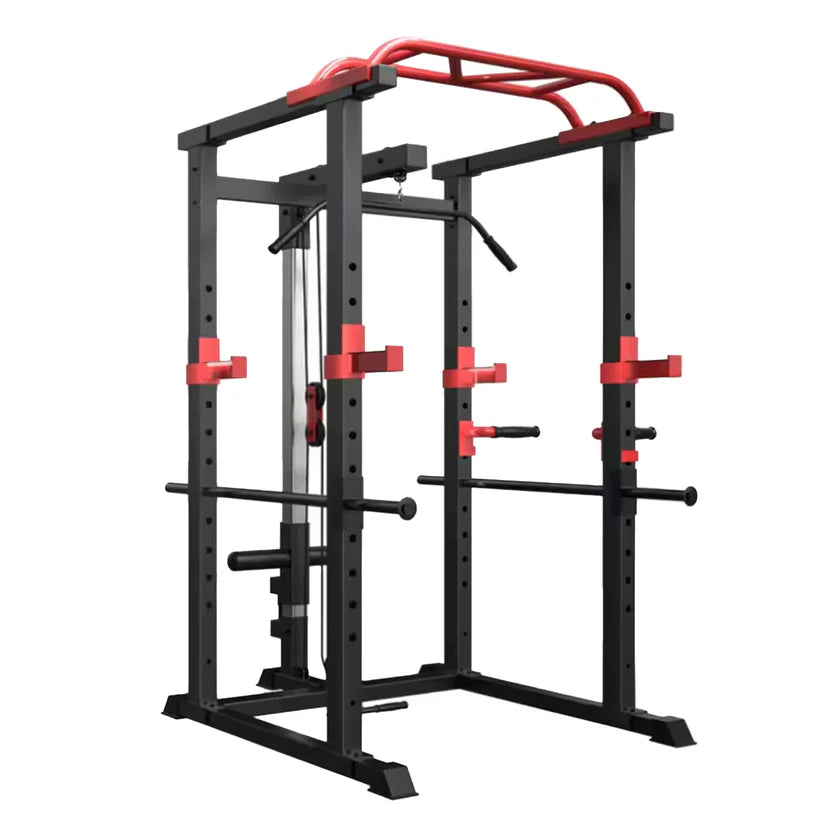 Black and red power rack on a white background