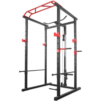 Black and red power rack on a white background