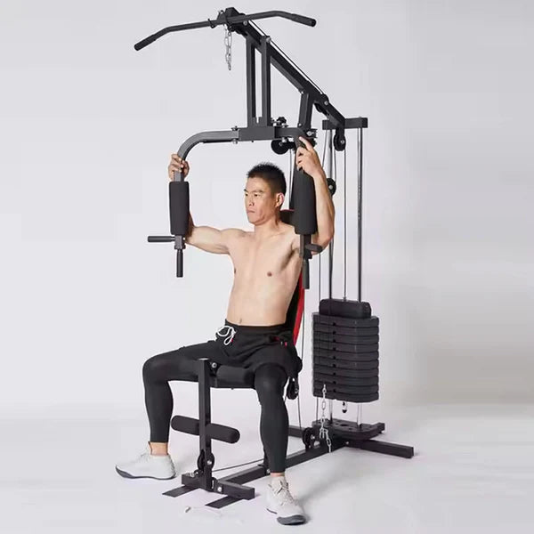 Man using a home gym machine on a white background