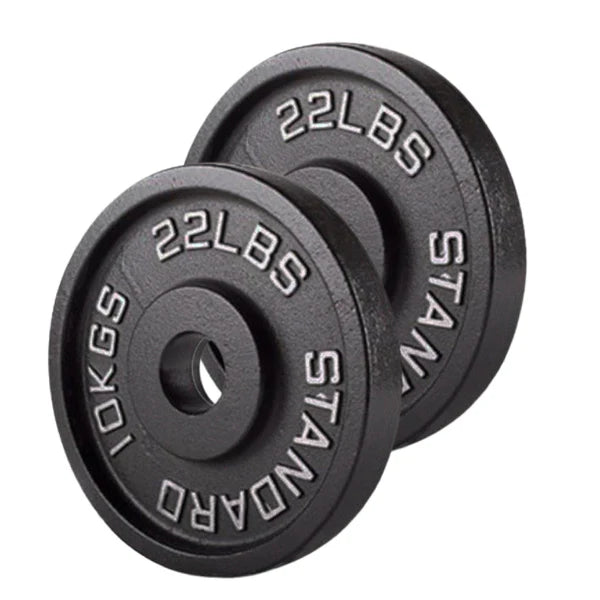Two black weight plates with '22 lbs' and '10 kg' markings on a white background.