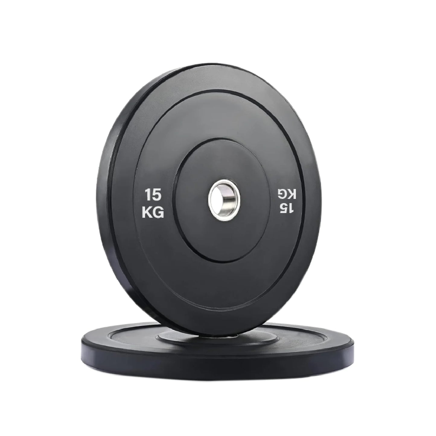 Black weight plate with '15 KG' marking on a white background