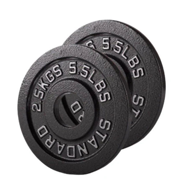 Two black weight plates with '5.5 lbs' and '20 kg' markings on a white background.