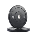 Pair of black bumper weight plates with '25 KG' marking on a white background