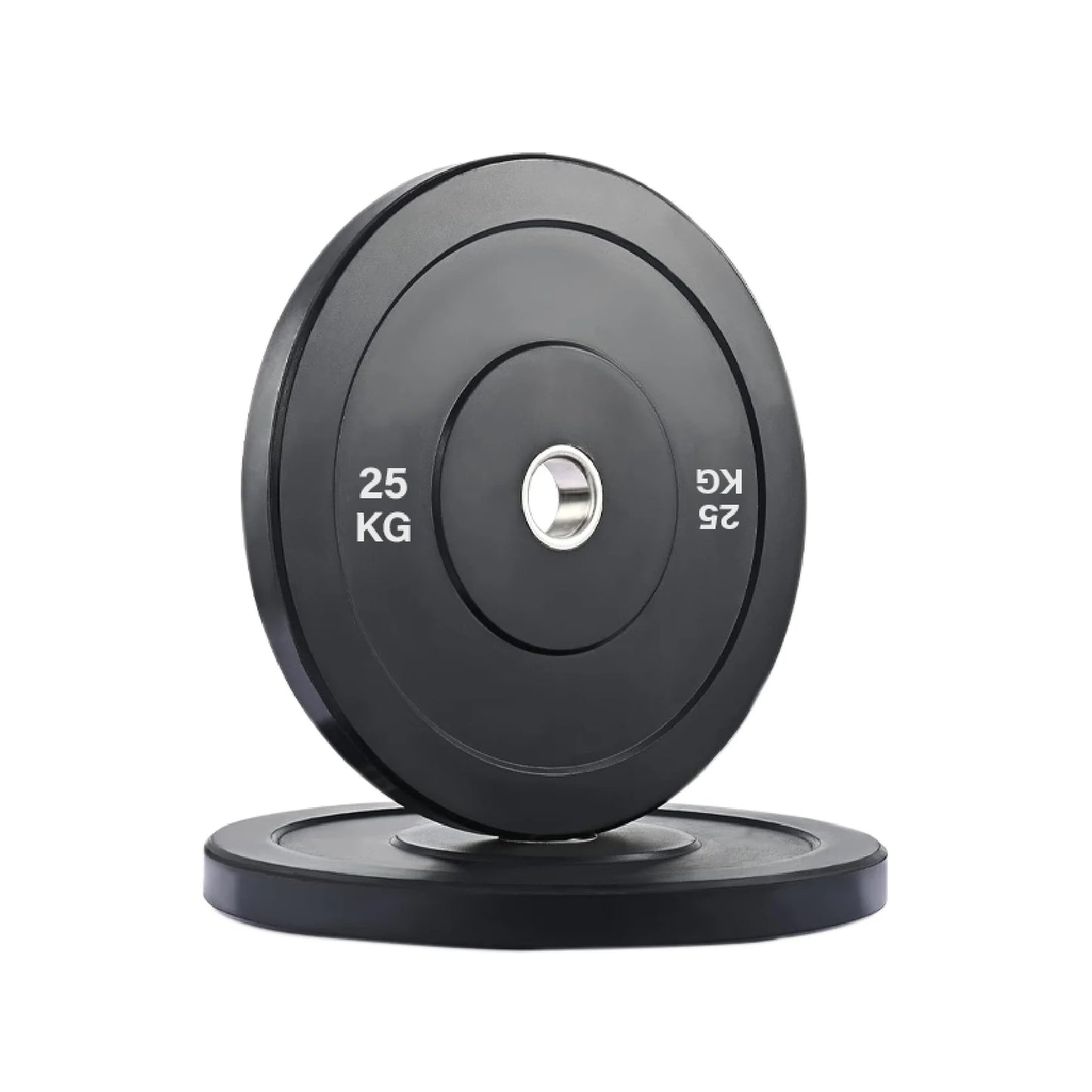 Pair of black bumper weight plates with '25 KG' marking on a white background