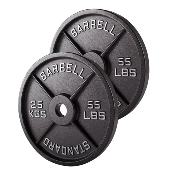 Two black barbell weight plates with 'Barbell' and 'Standard' branding on a white background.