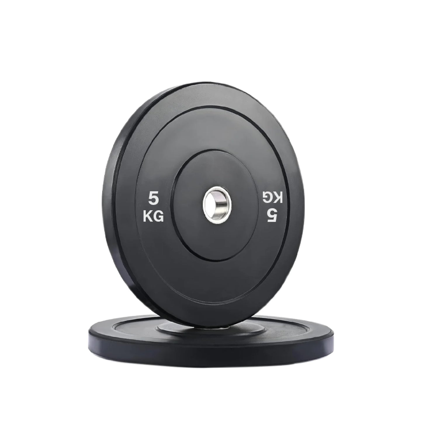 Black weight plate with '5 KG' marking on a white background